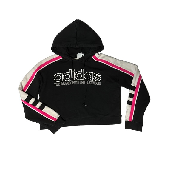 Adidas long sleeve crop hoodie in size XS. Black front. Pink and white sleeves - Picture 8 of 11